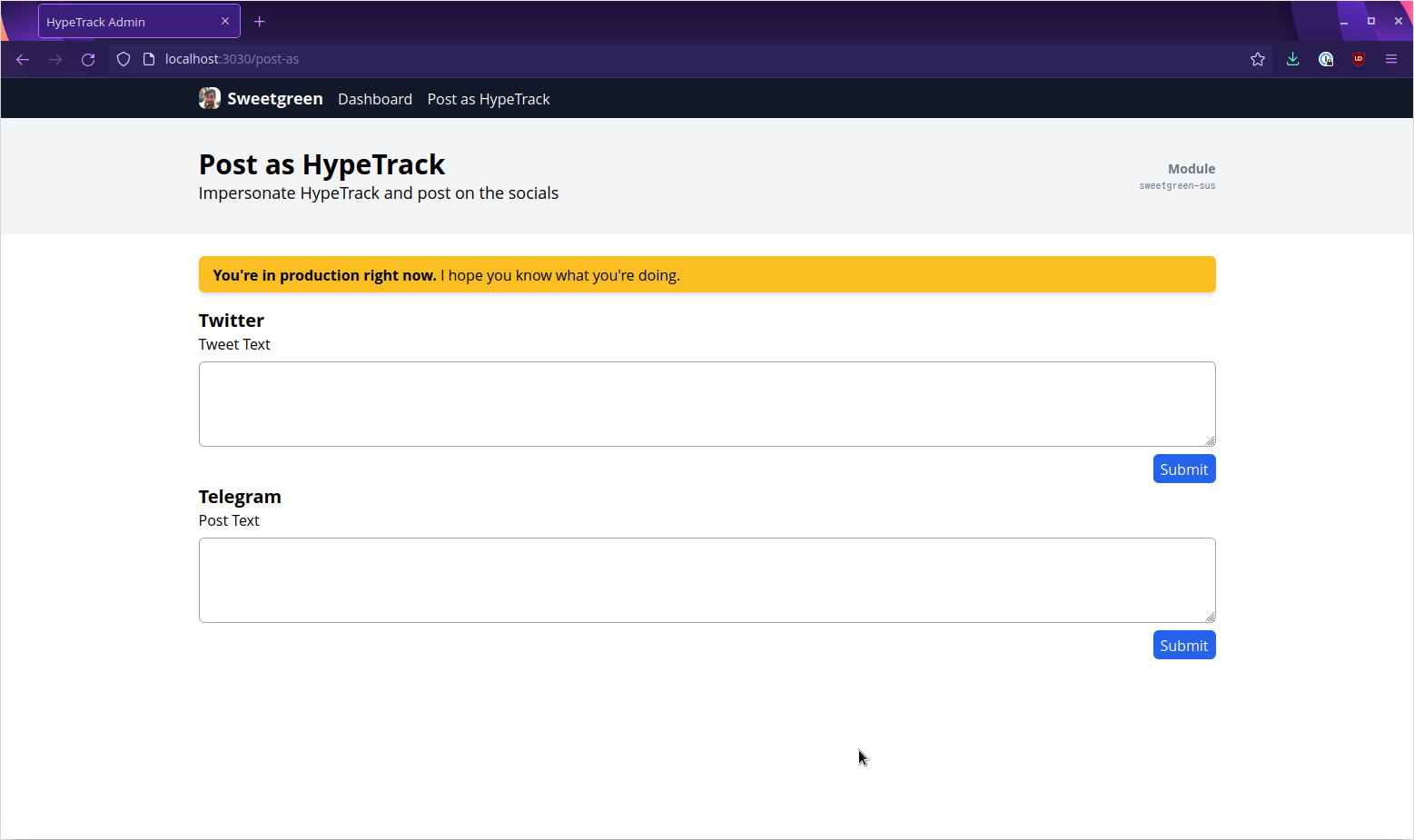 A photo of the admin interface for HypeTrack, Sweetgreen. The image shows the interface which allows an operator to post to social media as HypeTrack.
