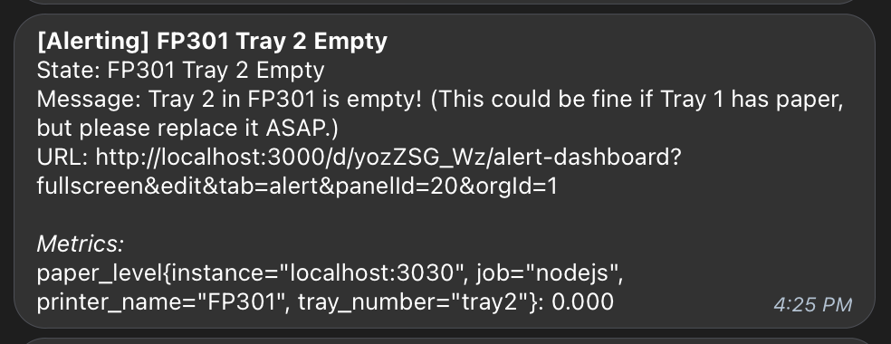 A Telegram message showing that Printlytics is alerting me of an empty paper tray.